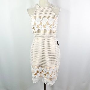 Lulu's Crochet Lace Dress Size Large White Halter Sleeveless Floral Sheath Zip